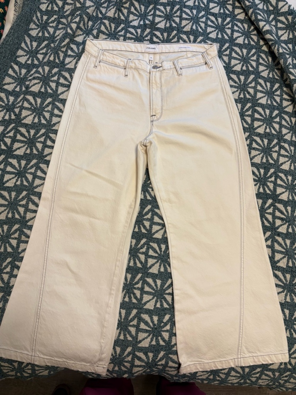FRAME Cream Le Pixie Baggy Palazzo Jeans with Contrast Stitching